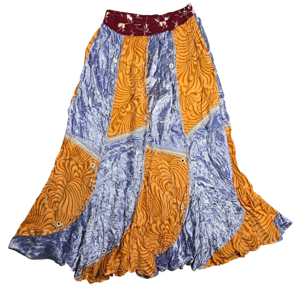 Tienda Ho Skirt Womens L Bohemian Patchwork Maxi Skirt Orange Blue Velvet Fairy